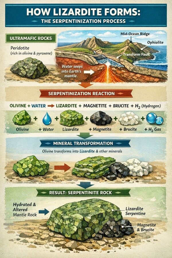 The Serpentinization process that forms Lizardite.